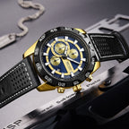MEGIR 2096 men's chronograph watch, gold-tone accents with blue and gold dial and black leather strap, three-quarter view