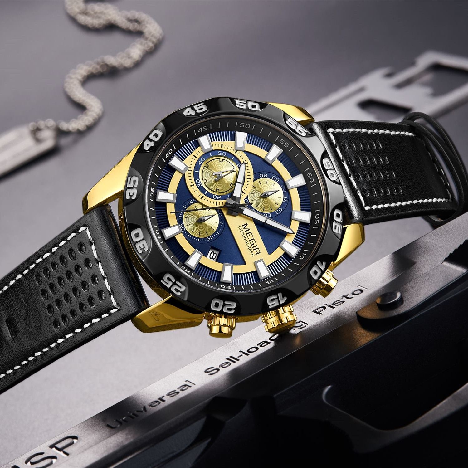 MEGIR 2096 men's chronograph watch, gold-tone accents with blue and gold dial and black leather strap, three-quarter view