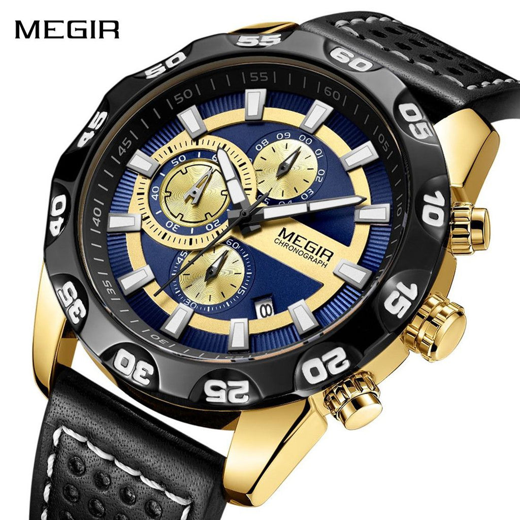 MEGIR 2096 men's chronograph watch, gold-tone accents with blue and gold dial and black leather strap, front studio view