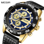 MEGIR 2096 men's chronograph watch, gold-tone accents with blue and gold dial and black leather strap, front studio view