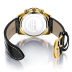 MEGIR 2096 men's chronograph watch caseback with engravings and black leather strap with buckle