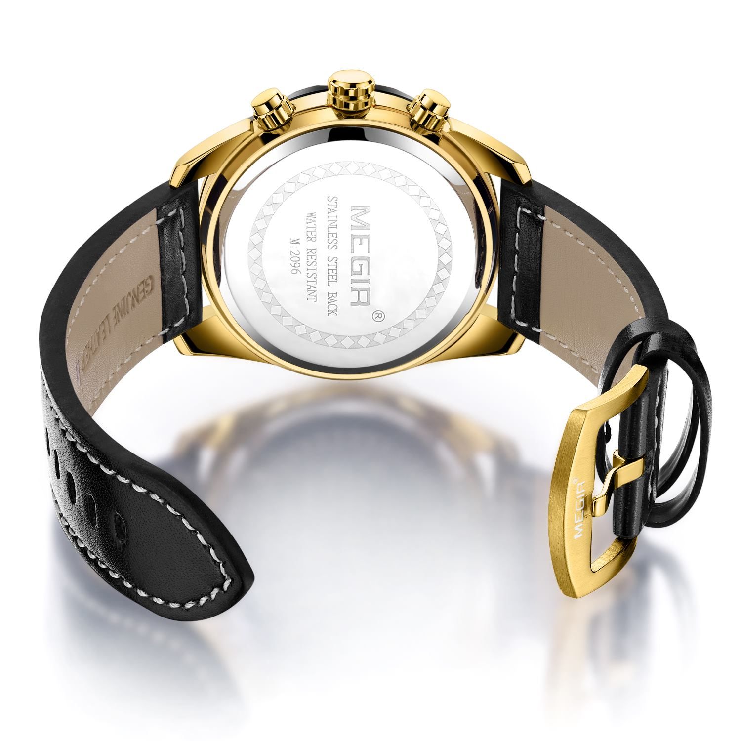 MEGIR 2096 men's chronograph watch caseback with engravings and black leather strap with buckle