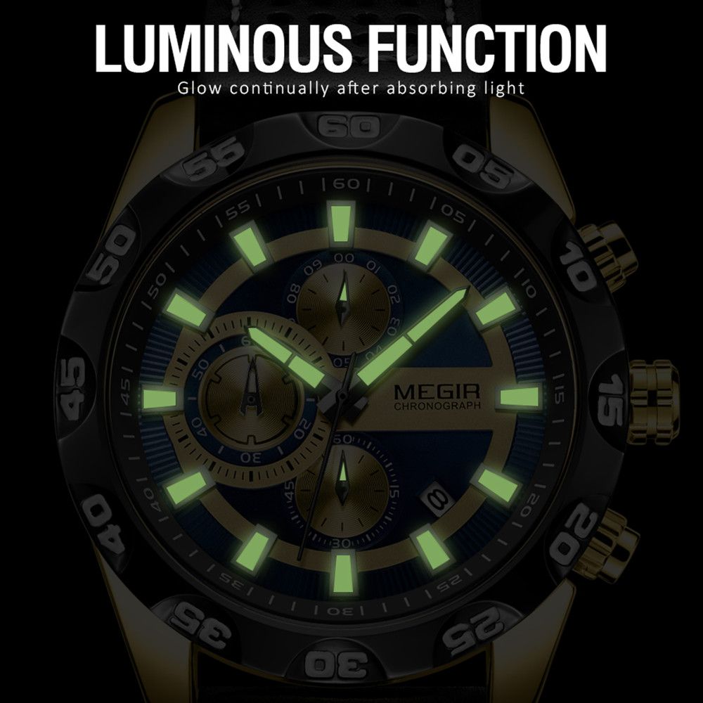 MEGIR 2096 men's chronograph watch feature graphic showing luminous hands and markers glowing in the dark