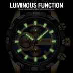 MEGIR 2096 men's chronograph watch feature graphic showing luminous hands and markers glowing in the dark