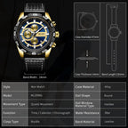 MEGIR 2096 men's chronograph watch parameters graphic with case diameter, thickness, band width and length