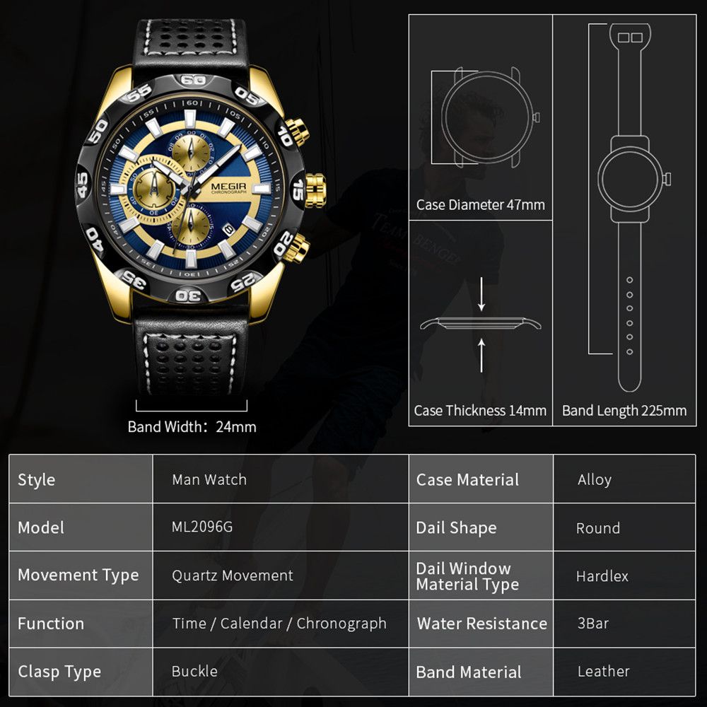 MEGIR 2096 men's chronograph watch parameters graphic with case diameter, thickness, band width and length