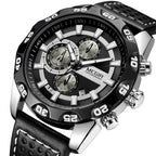MEGIR 2096 men's chronograph watch, silver case with black dial and black leather strap, front studio view