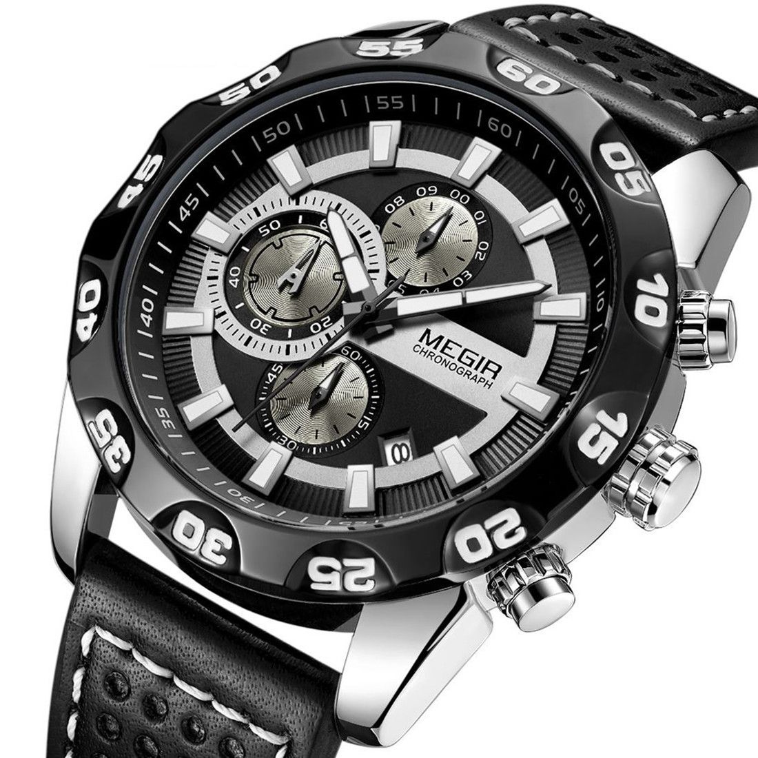 MEGIR 2096 men's chronograph watch, silver case with black dial and black leather strap, front studio view