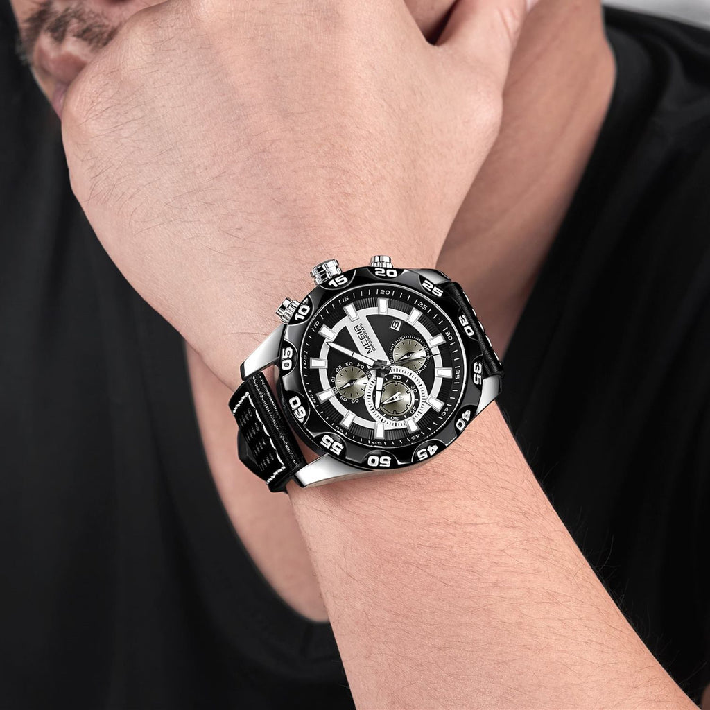 MEGIR 2096 men's chronograph watch on the wrist, silver case with black dial and black leather strap