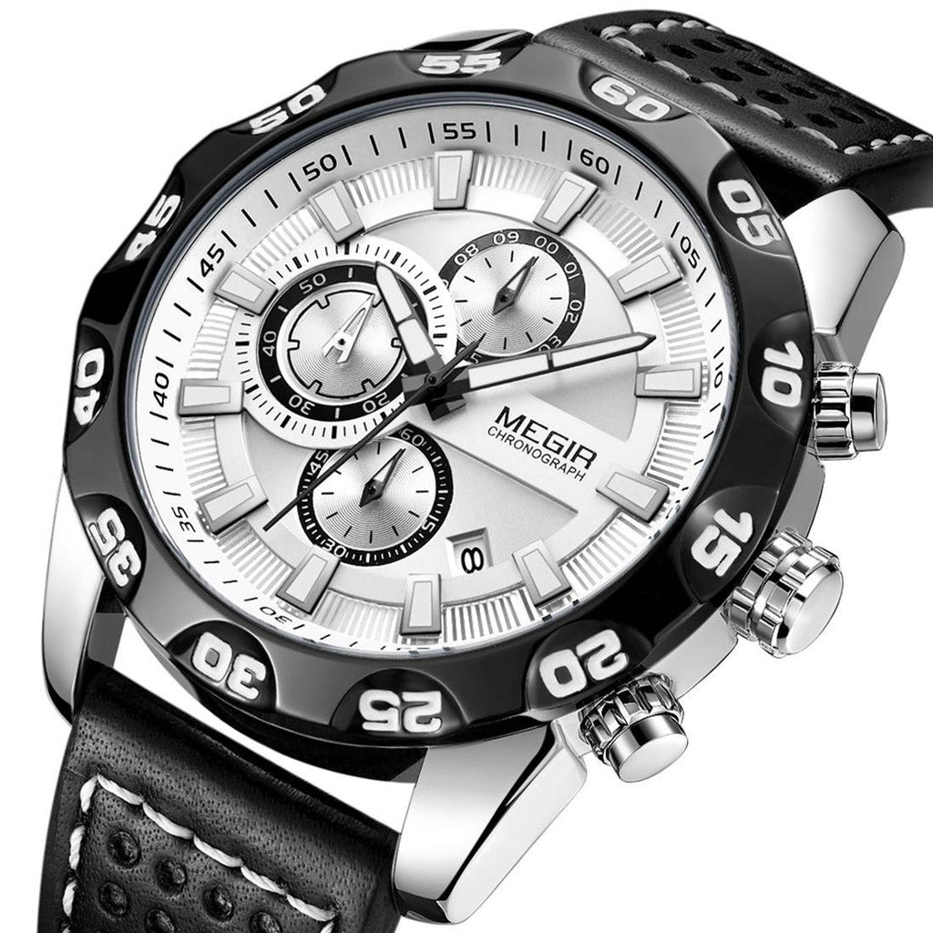 MEGIR 2096 men's chronograph watch, silver case with white dial and black leather strap, front studio view