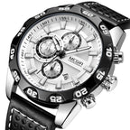 MEGIR 2096 men's chronograph watch, silver case with white dial and black leather strap, front studio view