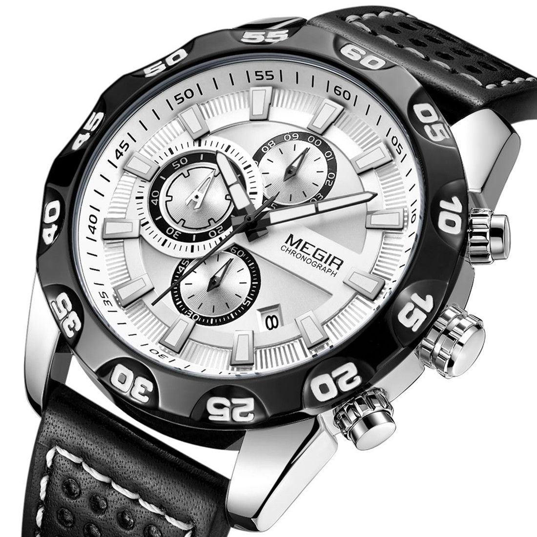 MEGIR 2096 men's chronograph watch, silver case with white dial and black leather strap, front studio view