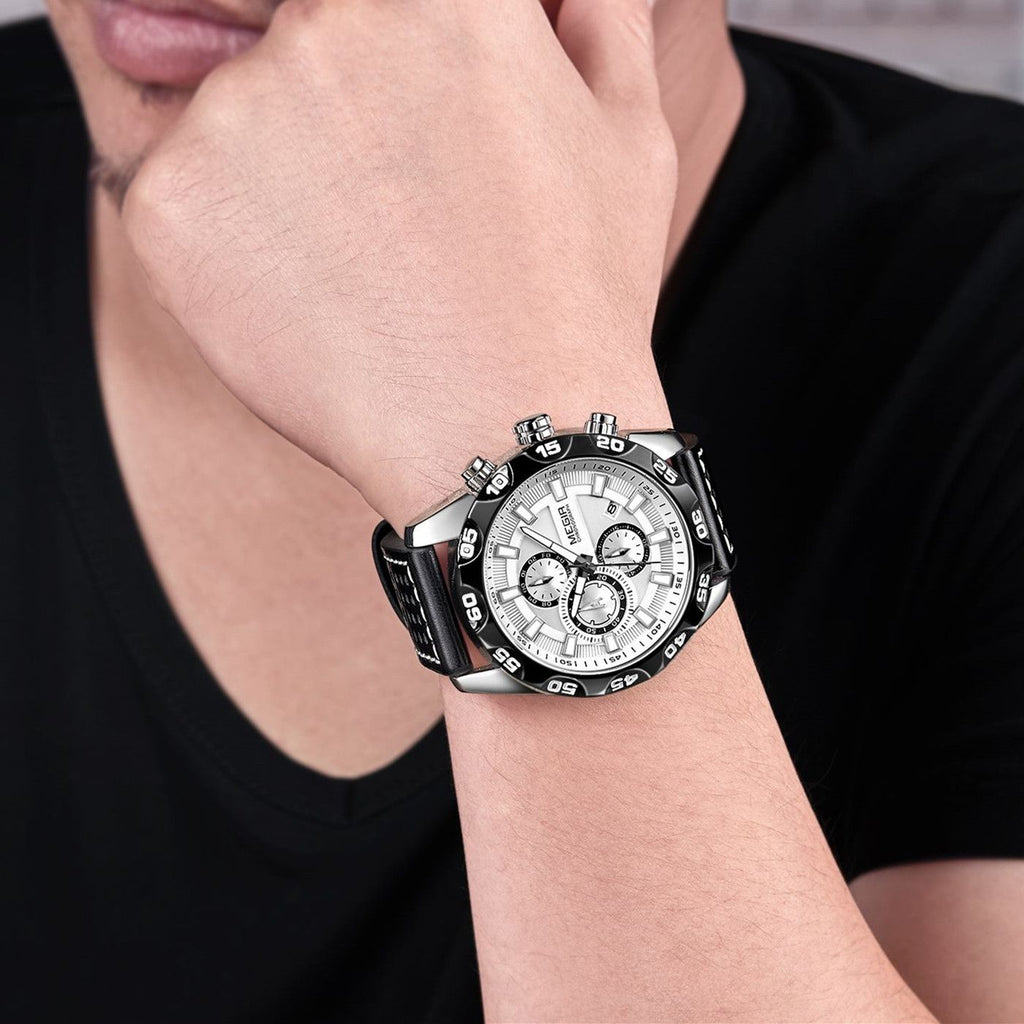 MEGIR 2096 men's chronograph watch on the wrist, silver case with white dial and black leather strap