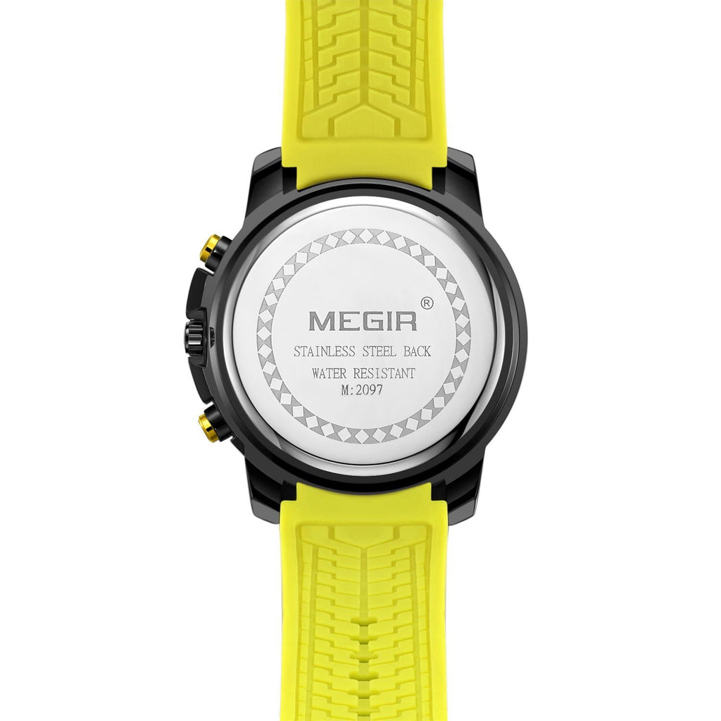 MEGIR 2097 men's chronograph watch caseback with engravings and yellow silicone strap