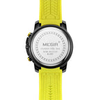 MEGIR 2097 men's chronograph watch caseback with engravings and yellow silicone strap