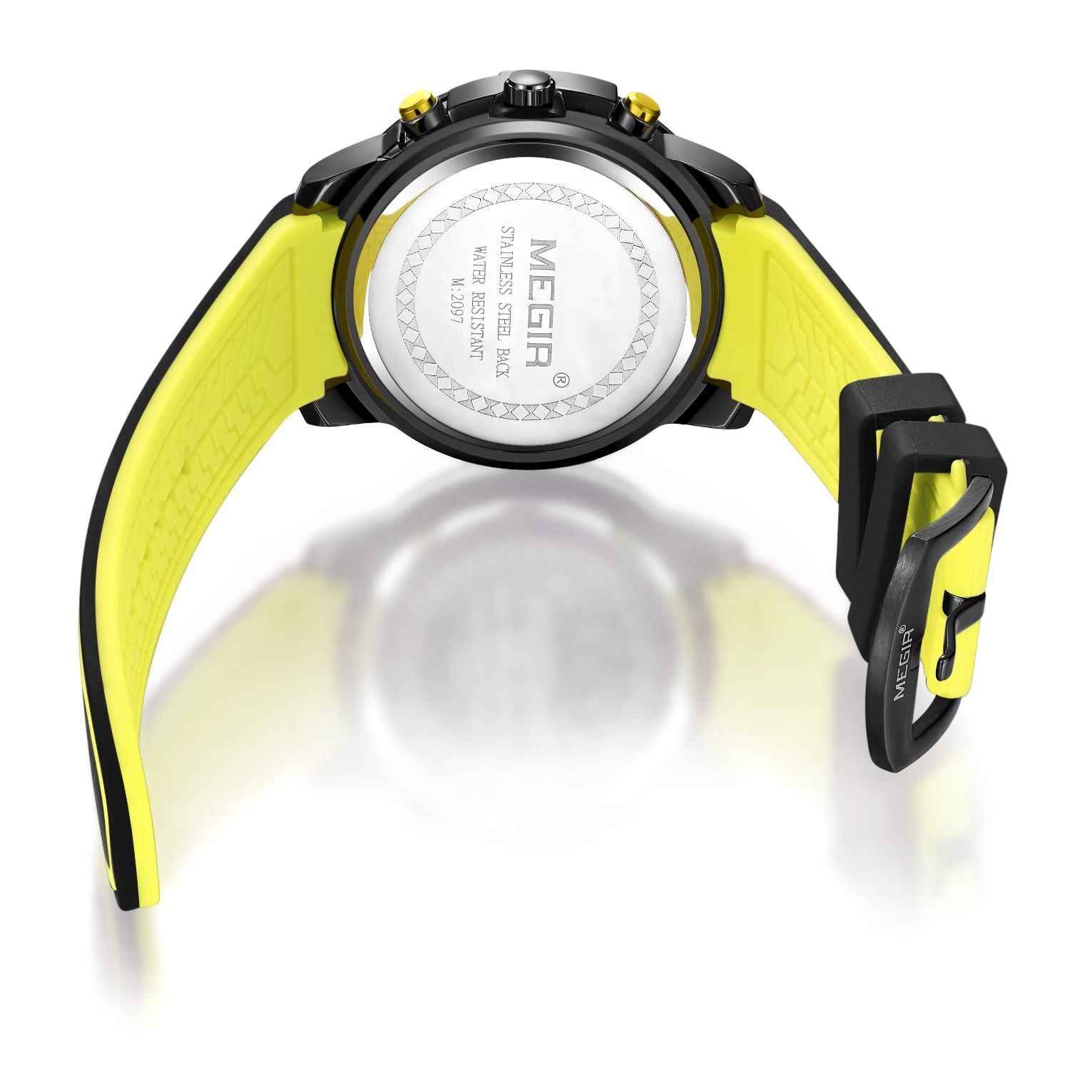 MEGIR 2097 men's chronograph watch caseback with engravings and yellow silicone strap with buckle