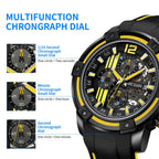 MEGIR 2097 men's chronograph watch feature graphic explaining the 1/10-second, minute and second chronograph sub-dials