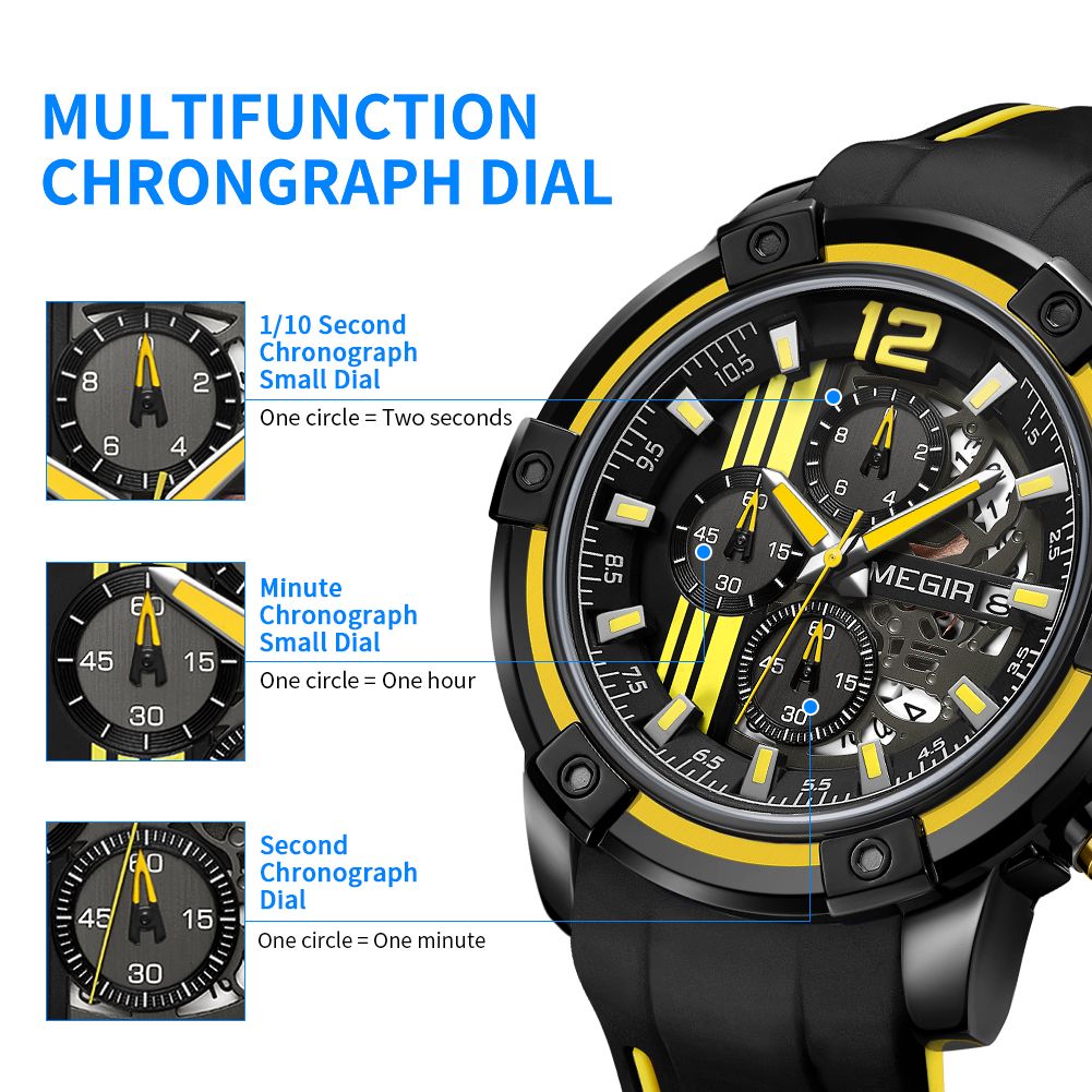 MEGIR 2097 men's chronograph watch feature graphic explaining the 1/10-second, minute and second chronograph sub-dials