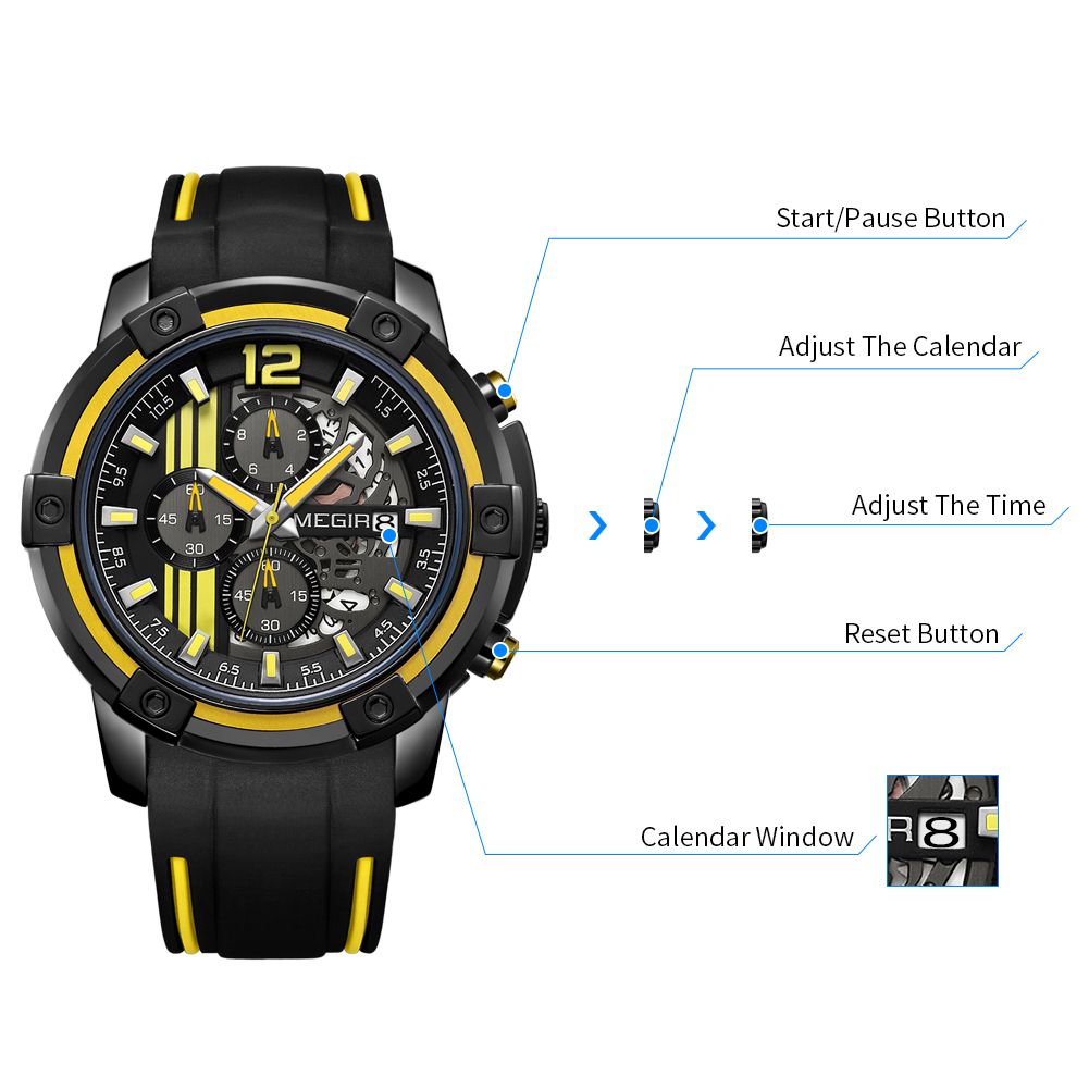 MEGIR 2097 men's chronograph watch operation graphic showing the start, calendar and reset buttons and crown