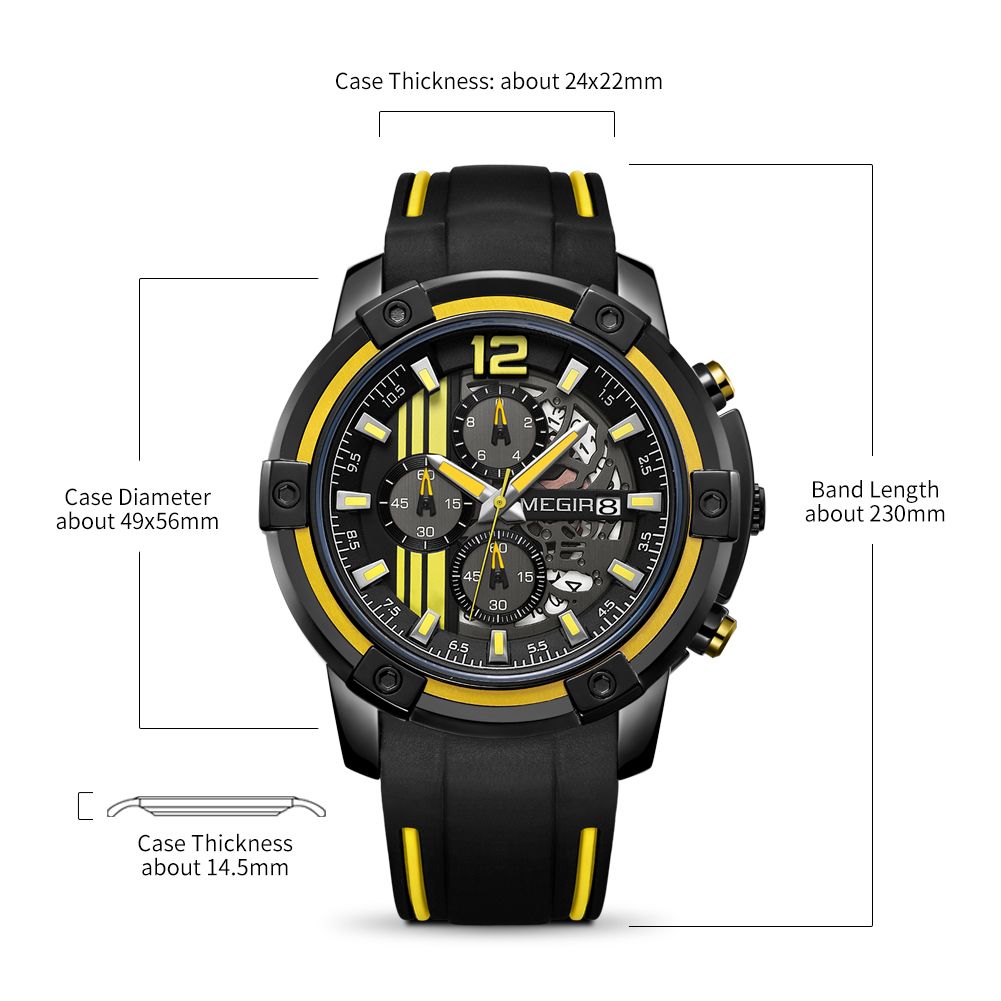 MEGIR 2097 men's chronograph watch parameters graphic with case diameter, thickness and band length