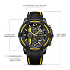 MEGIR 2097 men's chronograph watch parameters graphic with case diameter, thickness and band length