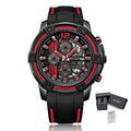 MEGIR 2097 men's chronograph watch, black case with black dial, red accents and black silicone strap, with gift box