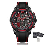 MEGIR 2097 men's chronograph watch, black case with black dial, red accents and black silicone strap, with gift box