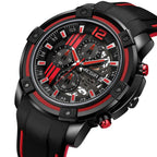 MEGIR 2097 men's chronograph watch, black case with black dial, red accents and black silicone strap, three-quarter view