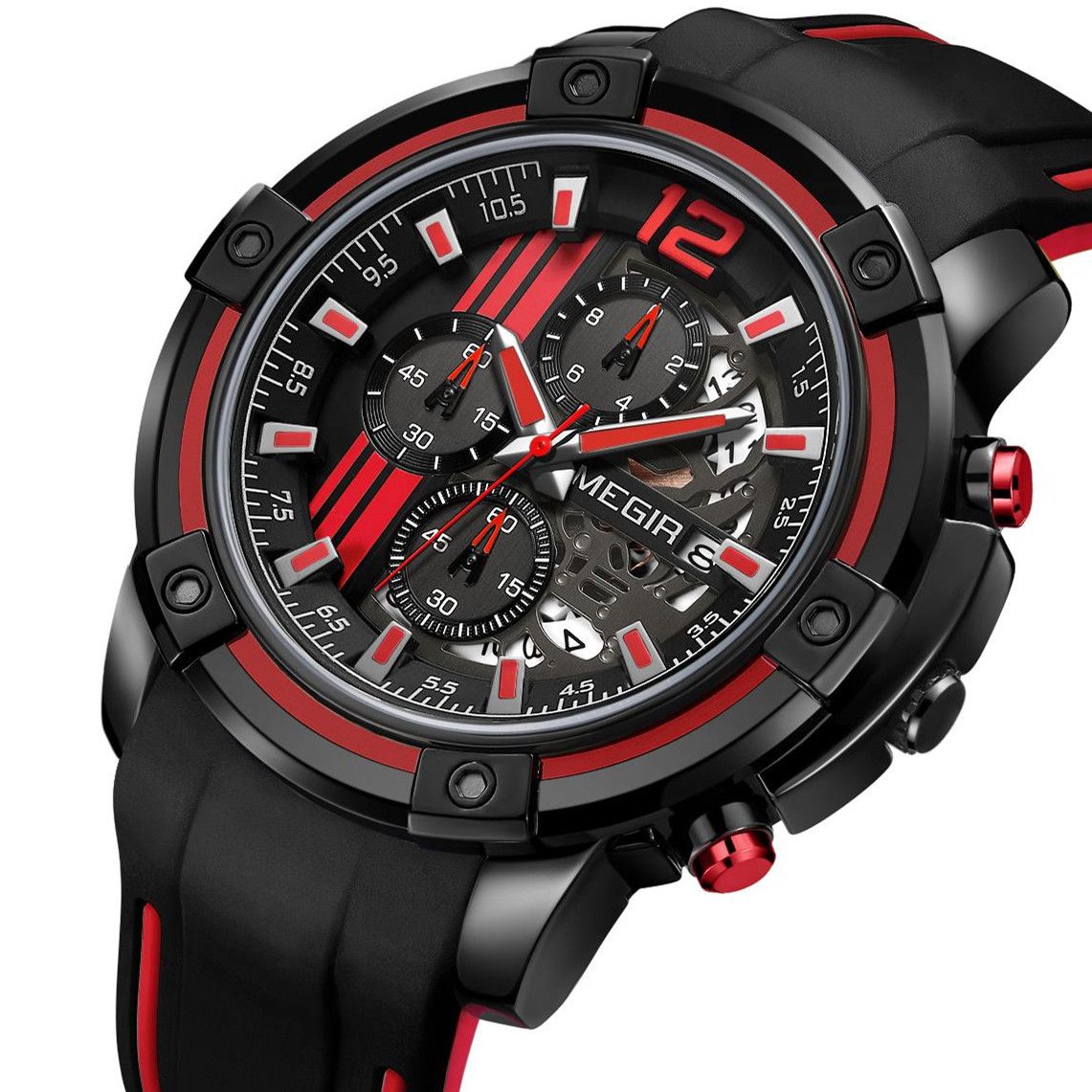 MEGIR 2097 men's chronograph watch, black case with black dial, red accents and black silicone strap, three-quarter view