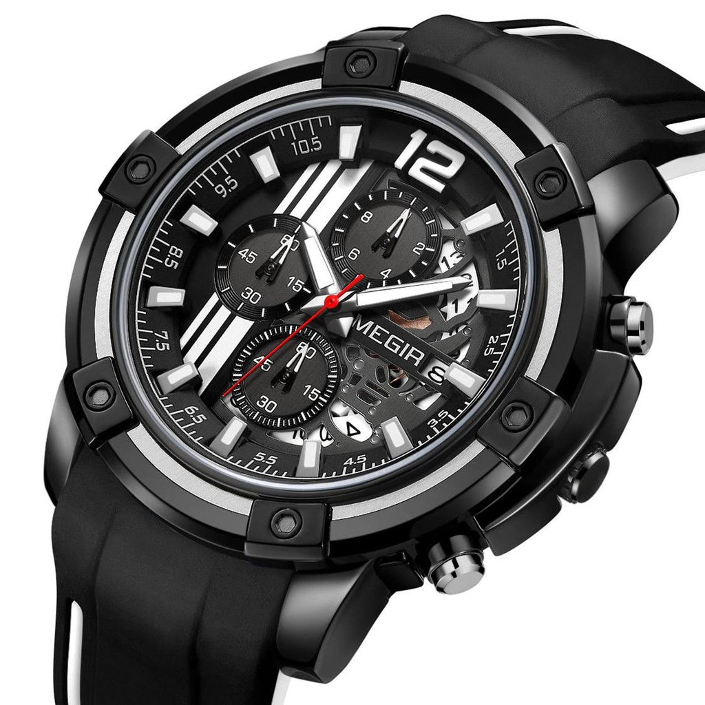 MEGIR 2097 men's chronograph watch, black case with black dial, white accents and black silicone strap, three-quarter view