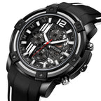 MEGIR 2097 men's chronograph watch, black case with black dial, white accents and black silicone strap, three-quarter view