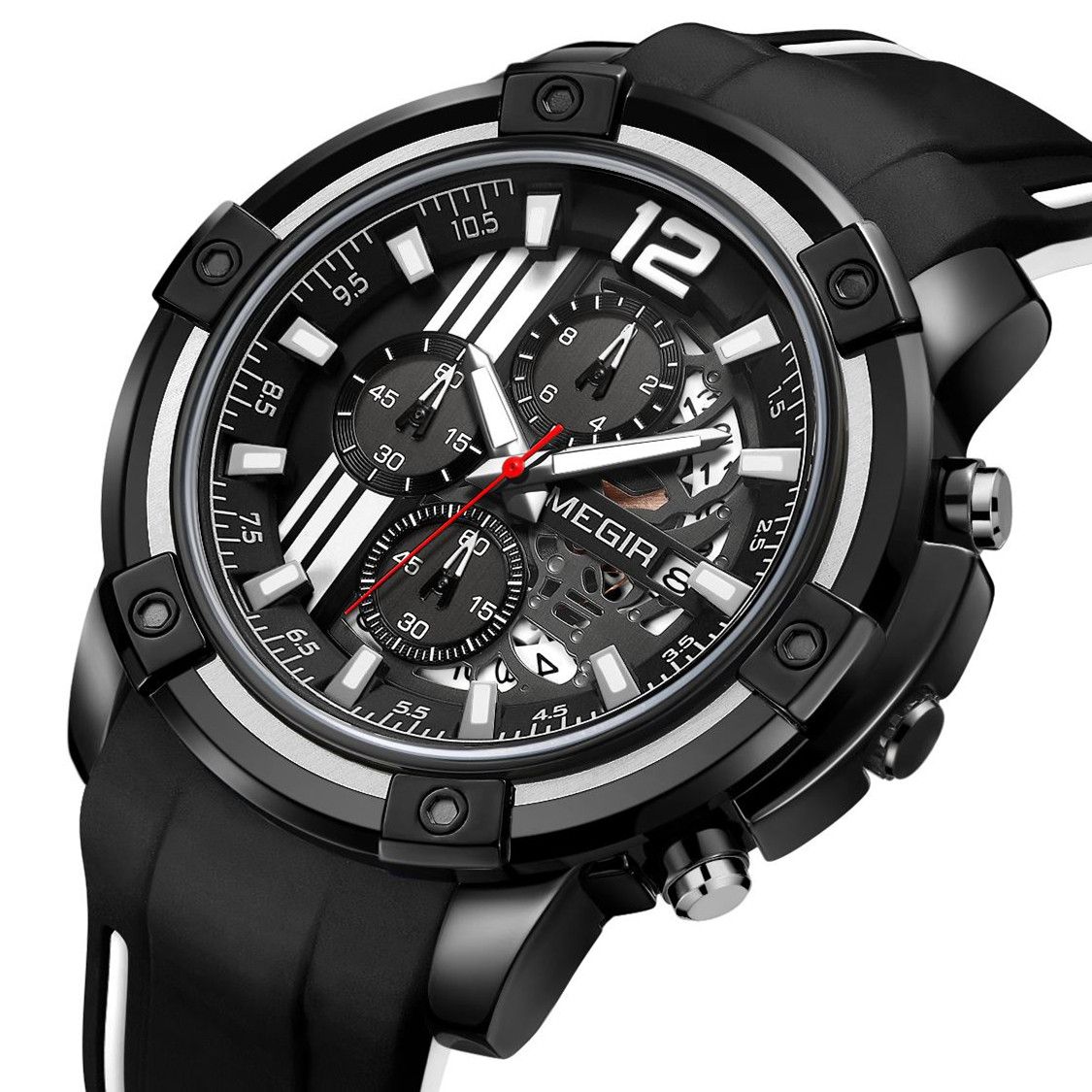 MEGIR 2097 men's chronograph watch, black case with black dial, white accents and black silicone strap, three-quarter view
