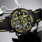 MEGIR 2097 men's chronograph watch, black case with black dial, yellow accents and black silicone strap, angled view