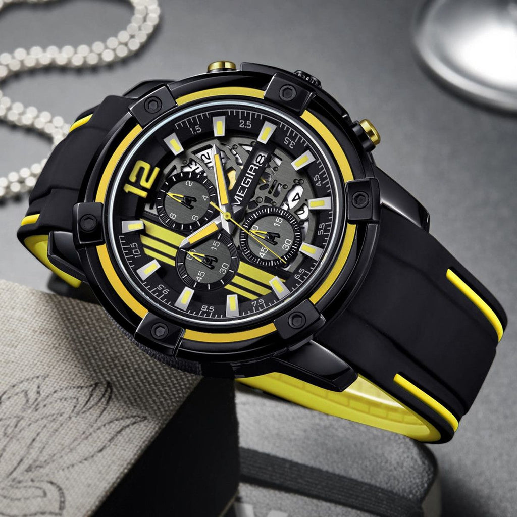 MEGIR 2097 men's chronograph watch, black case with black dial, yellow accents and black silicone strap, three-quarter view