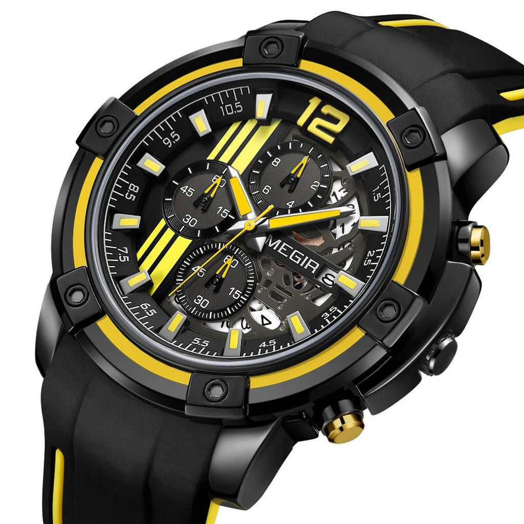 MEGIR 2097 men's chronograph watch, black case with black dial, yellow accents and black silicone strap, side angle view