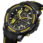 MEGIR 2097 men's chronograph watch, black case with black dial, yellow accents and black silicone strap, side angle view