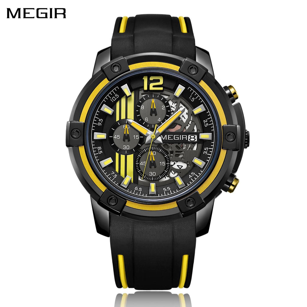 MEGIR 2097 men's chronograph watch, black case with black dial, yellow accents and black silicone strap, front studio view