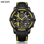 MEGIR 2097 men's chronograph watch, black case with black dial, yellow accents and black silicone strap, front studio view
