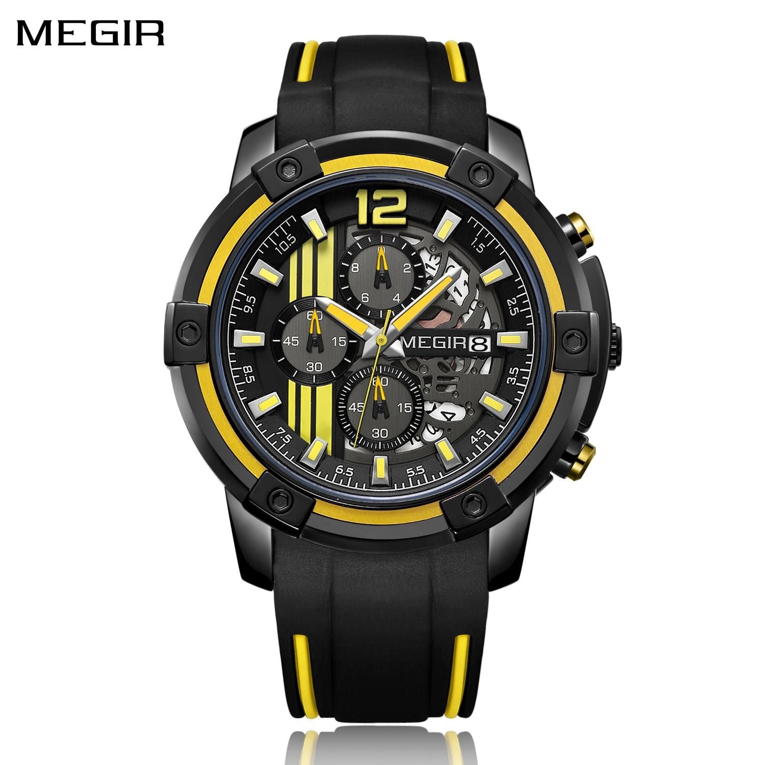 MEGIR 2097 men's chronograph watch, black case with black dial, yellow accents and black silicone strap, front studio view