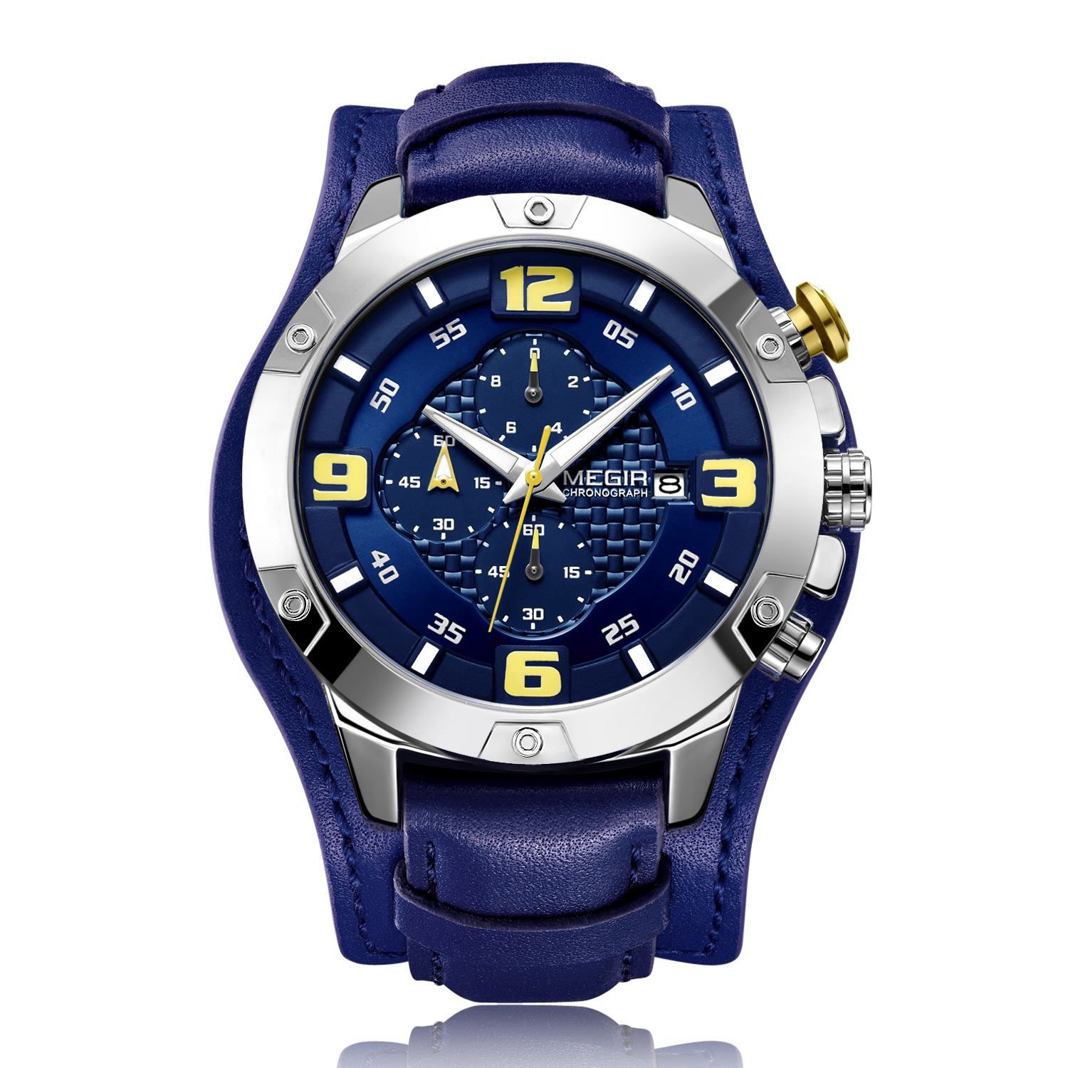 MEGIR 2099 men's chronograph watch, silver bezel with blue dial and blue leather cuff strap, front view
