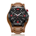 MEGIR 2099 men's chronograph watch, black bezel with black dial, red numerals and brown leather cuff strap, front view