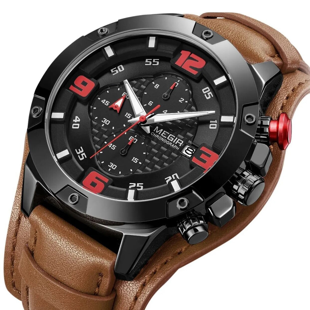 MEGIR 2099 men's chronograph watch, black bezel with black dial, red numerals and brown leather cuff strap, angled view