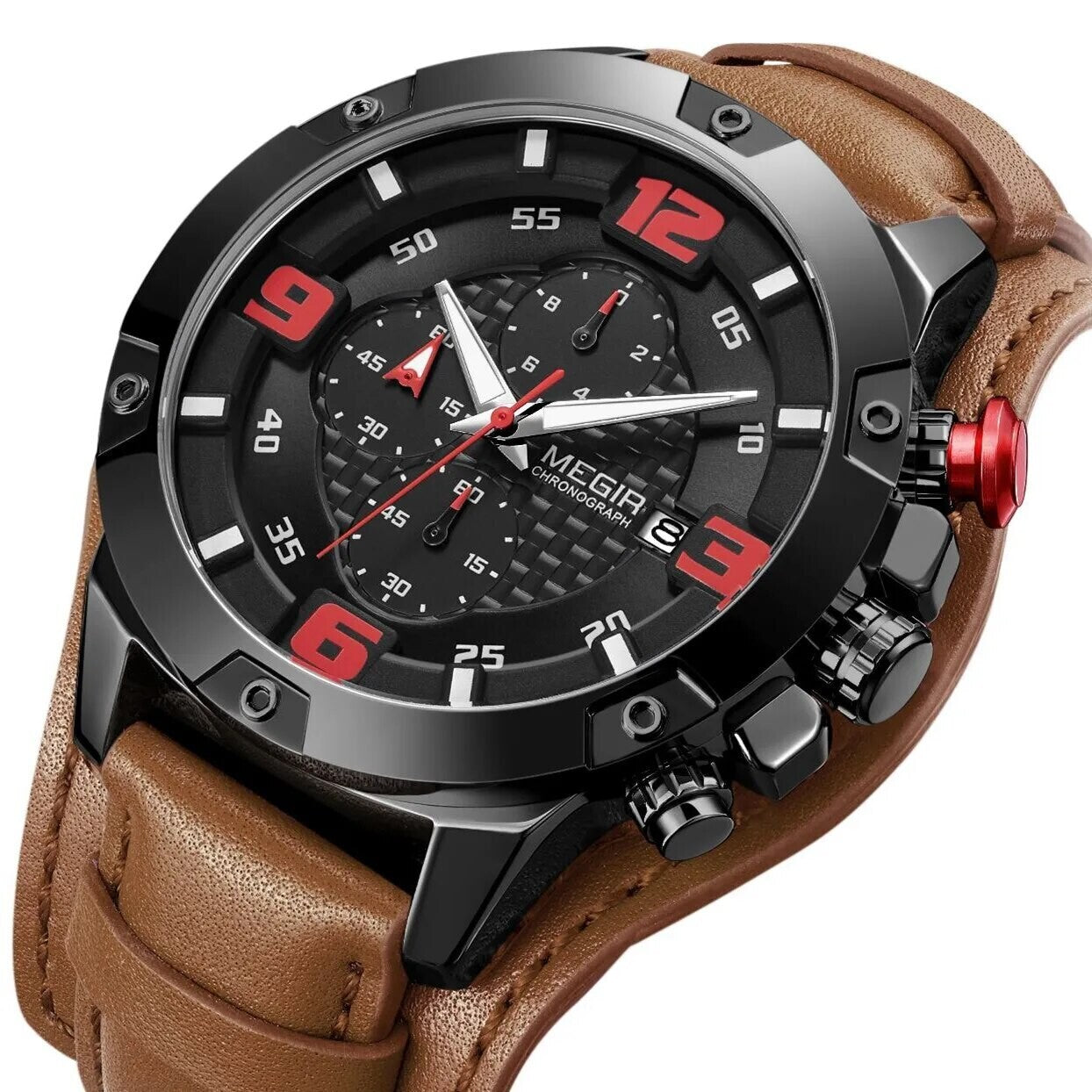 MEGIR 2099 men's chronograph watch, black bezel with black dial, red numerals and brown leather cuff strap, angled view