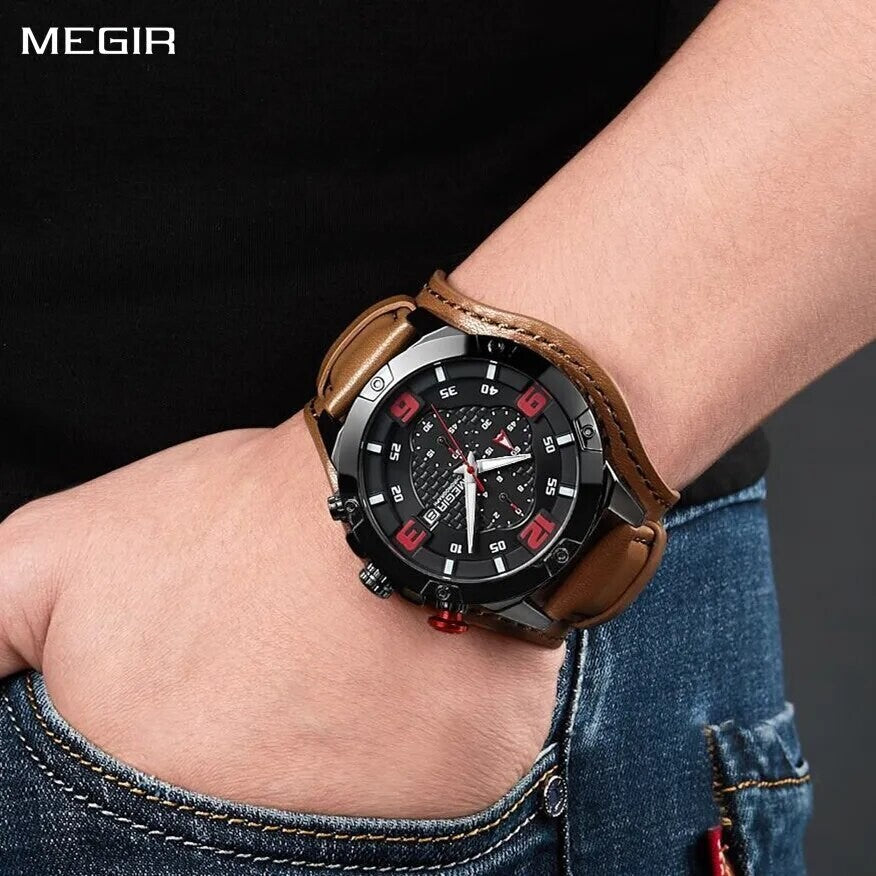 MEGIR 2099 men's chronograph watch on the wrist, black bezel with black dial and brown leather cuff strap