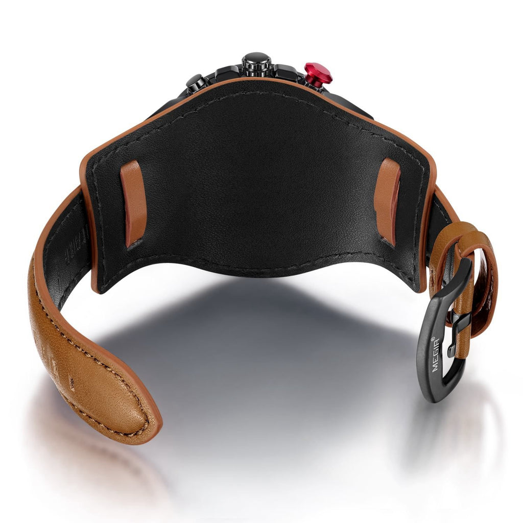 MEGIR 2099 men's chronograph watch leather cuff strap underside with buckle and engraving