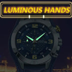 MEGIR 2099 men's chronograph watch feature graphic showing luminous hands glowing in the dark