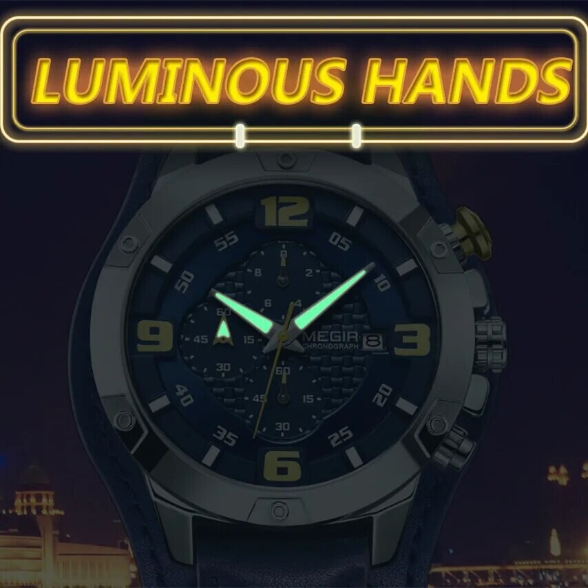 MEGIR 2099 men's chronograph watch feature graphic showing luminous hands glowing in the dark