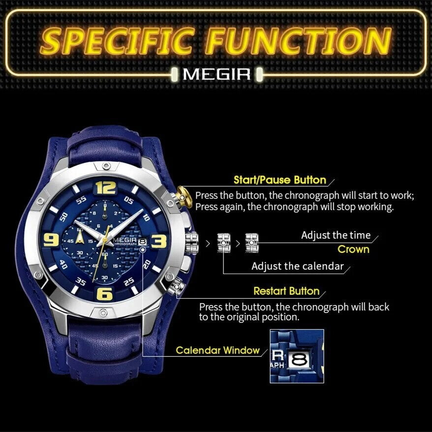 MEGIR 2099 men's chronograph watch operation graphic showing the start, calendar and reset buttons and crown