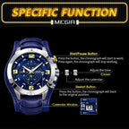 MEGIR 2099 men's chronograph watch operation graphic showing the start, calendar and reset buttons and crown