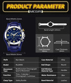 MEGIR 2099 men's chronograph watch product parameter graphic with band width, case diameter and thickness
